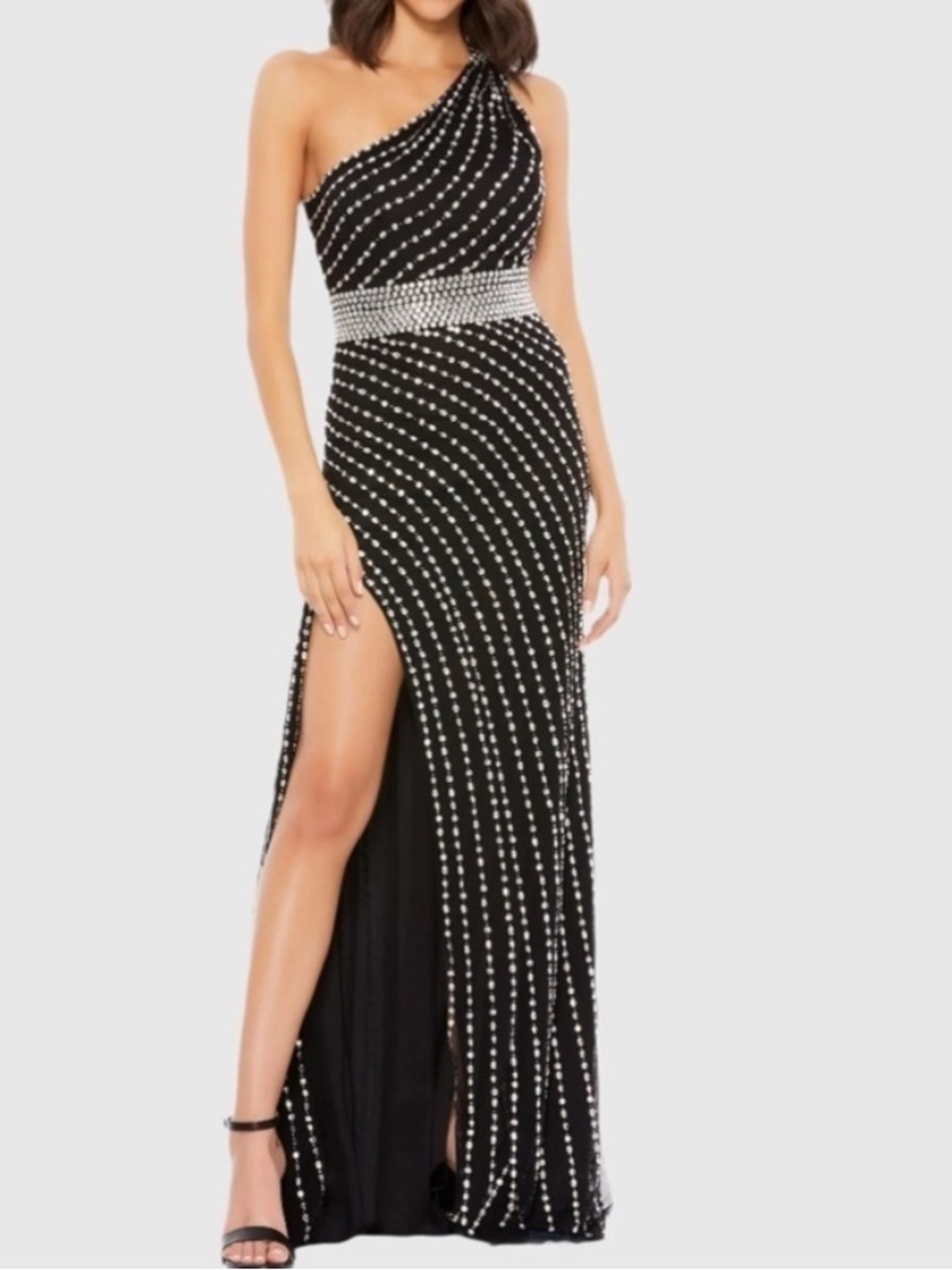 NWT Mac Duggal Sz 0 Black One-Shoulder Gown with Rhinestone Accents 9107 $598